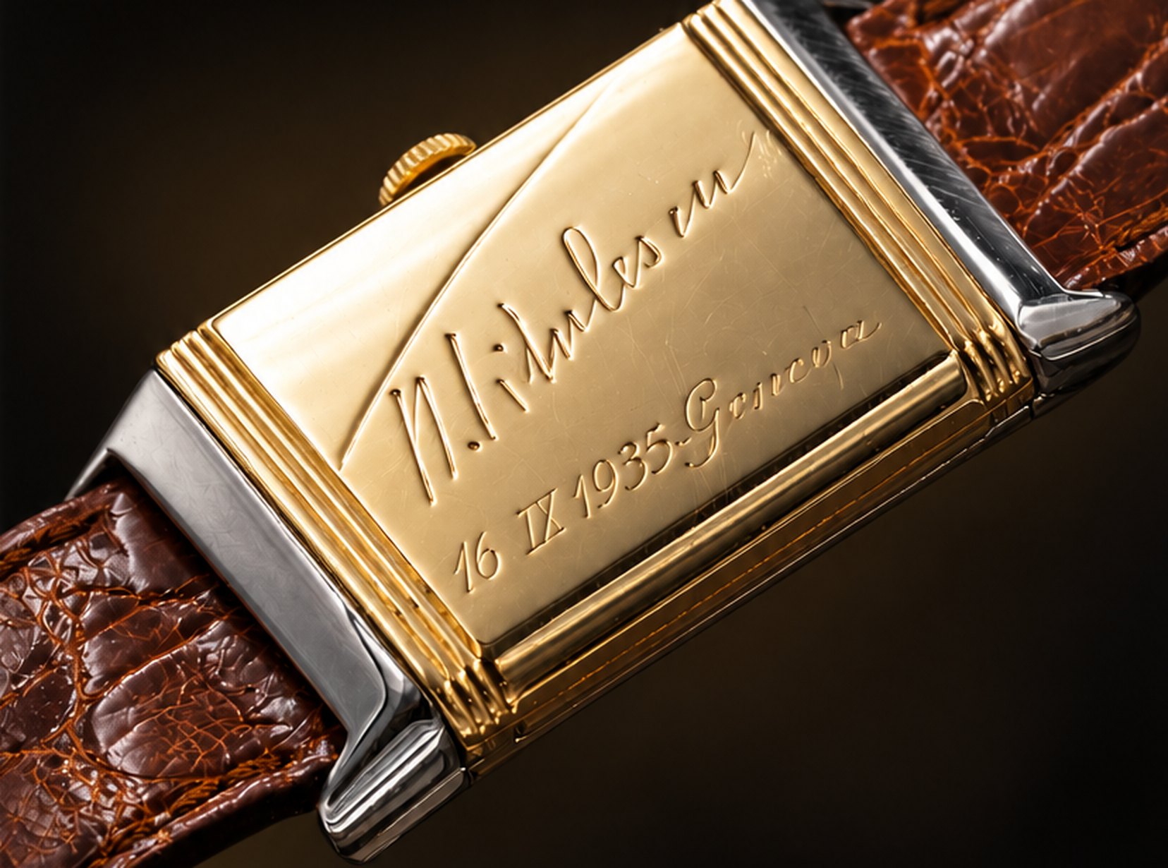Handwritten engraving on the back of a gold watch